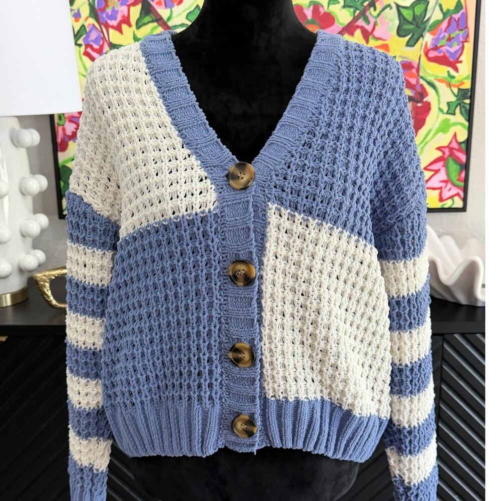 Altar'd State XS Blue Cream Colorblock Open Knit Cardigan Sweater NWOT